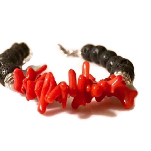 Handmade Jewelry - Lava Stone and Coral Sticks Handmade Bracelet